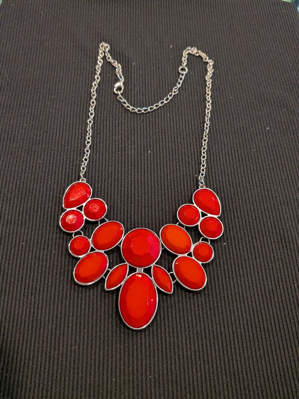 Red Statement Bib Necklace 11" - Women Jewelry